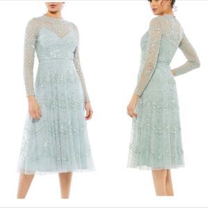 Mac Duggal 9142 Sequined Illusion Long Sleeve Midi Dress| Size 18